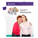 A leaflet about Carer's Allowance with a picture of two people and some money on the cover.