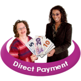 A social worker with a person who is holding some money. It says 'Direct Payment' underneath them.