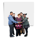 A group of people standing together with their arms around the person in the middle.