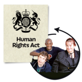 The heads and shoulders of three people in front of an image of the Human Rights Act.