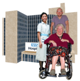 A man standing behind an older woman in wheelchair, and next to a nurse. They are in front of a hospital building.