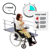  A person in a wheelchair saying 'I need...' She is next to an access ramp, a clock and some easy-read information.