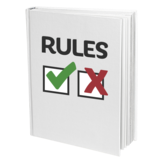 A book with the word rules and a green tick and a red cross on the front cover.