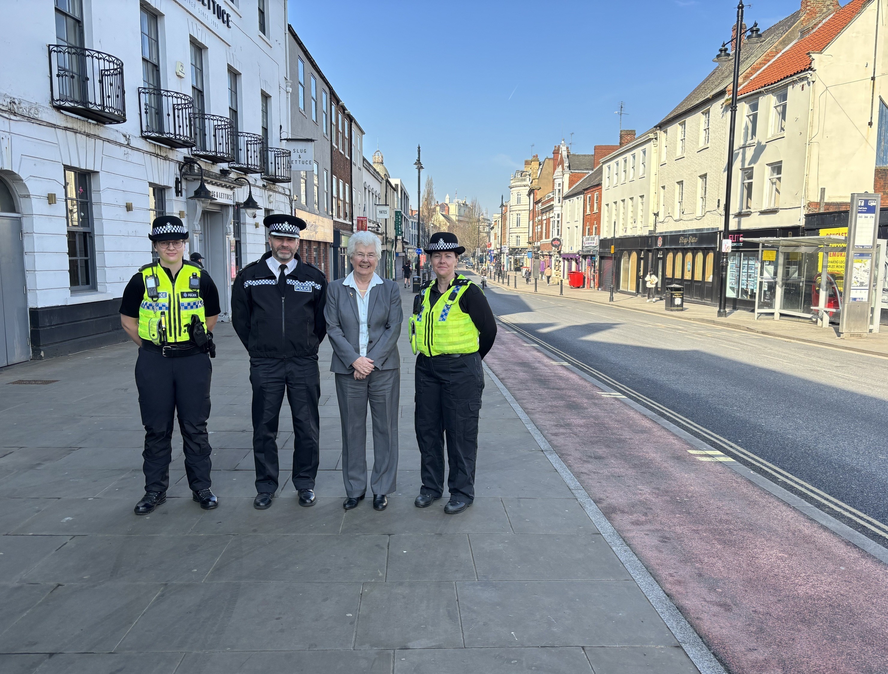 Mayor Ros Jones with police officers on the High Street